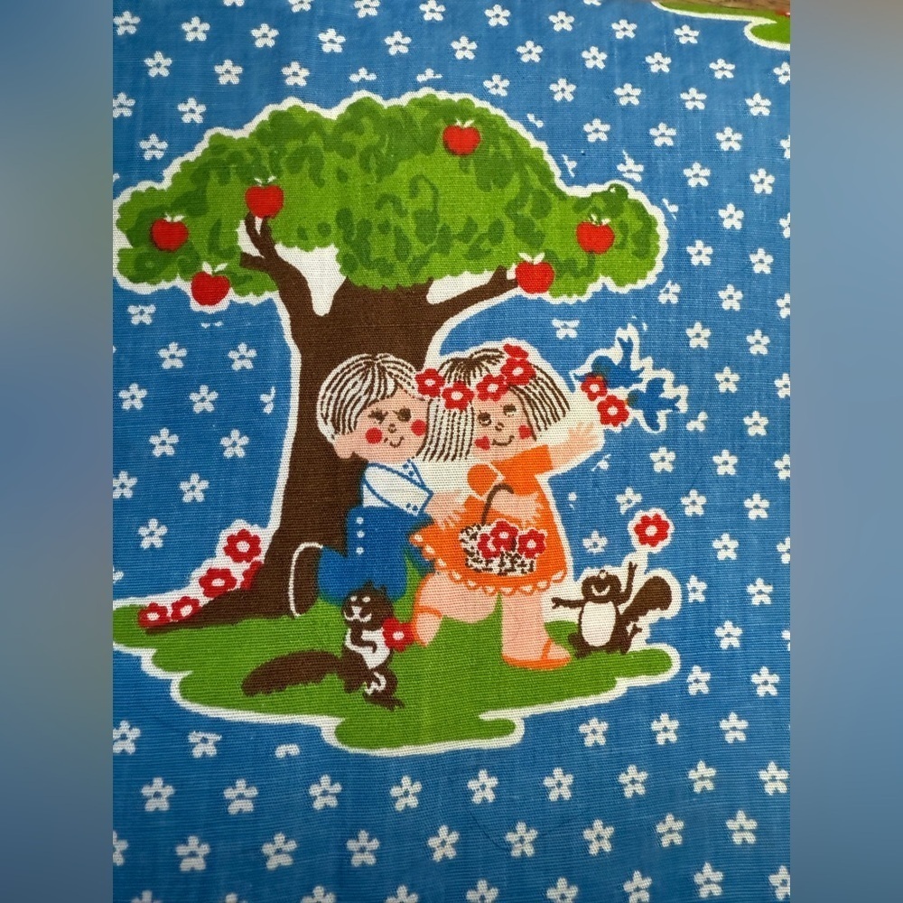 Vintage Blue and Green Material Apple Tree, Squirrels, Dancing people, Flowers